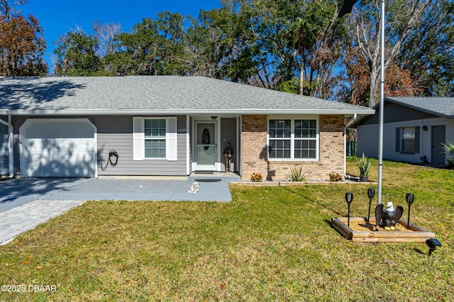 ranch-style house with a garage and a front lawn