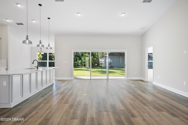 unfurnished living room featuring dark wood-type flooring and sink