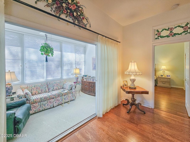 living room featuring lofted ceiling and hardwood / wood-style flooring