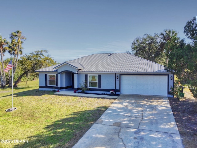 single story home with a front yard and a garage