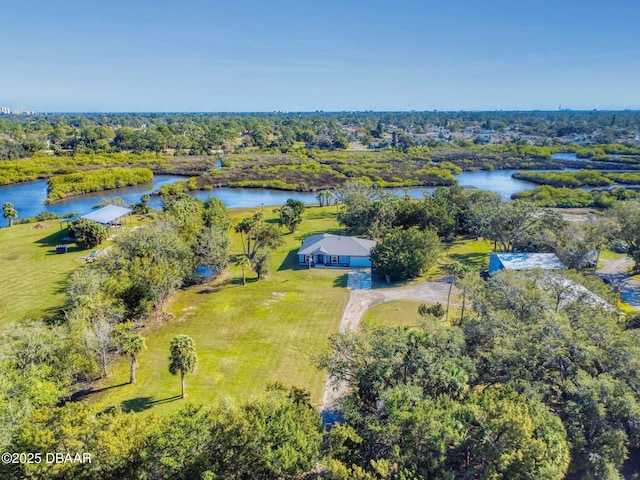 drone / aerial view with a water view