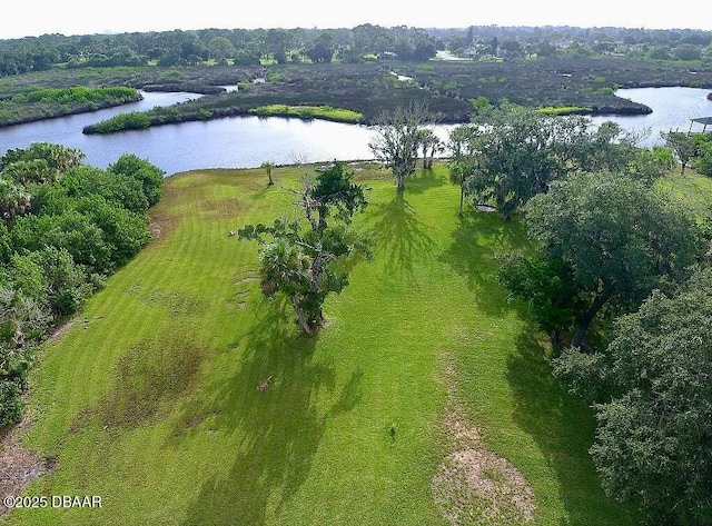 birds eye view of property with a water view and a rural view