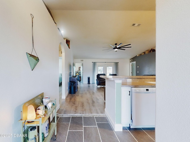 kitchen featuring ceiling fan, french doors, and white dishwasher