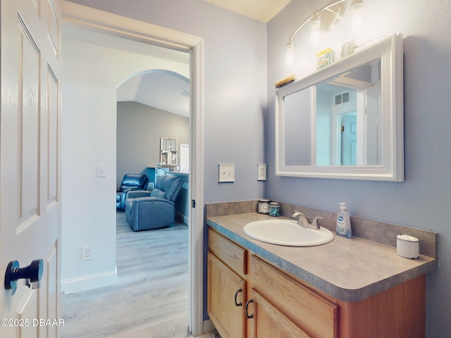 bathroom with vanity and wood-type flooring