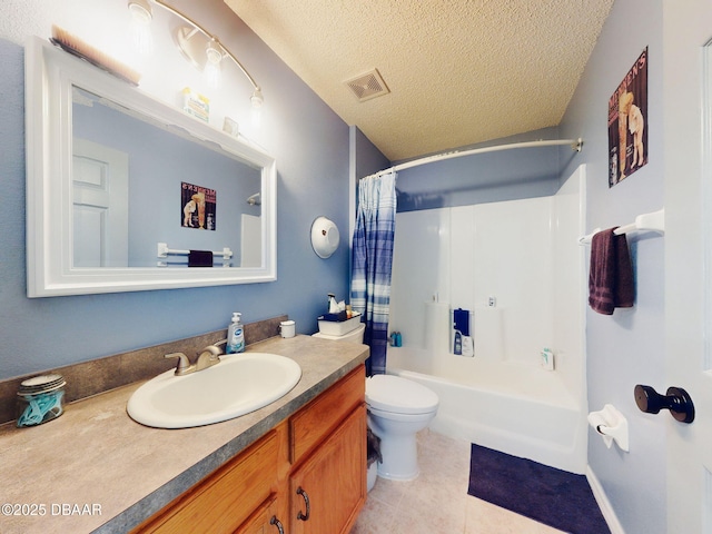 full bathroom with a textured ceiling, shower / bathtub combination with curtain, tile patterned floors, vanity, and toilet