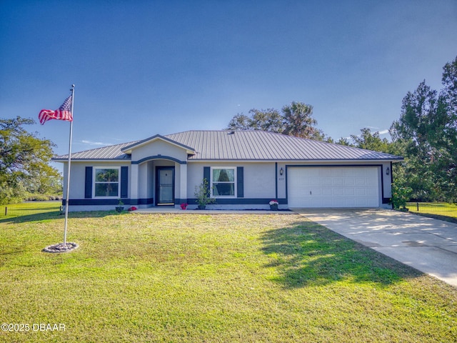 ranch-style home featuring a front yard and a garage