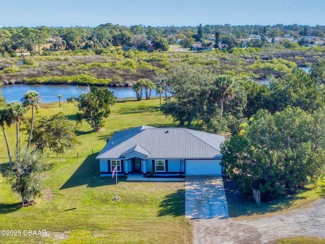 drone / aerial view featuring a water view