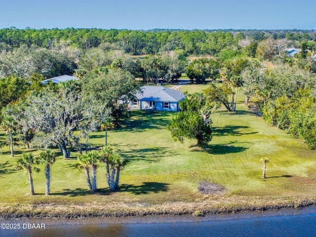 drone / aerial view featuring a water view