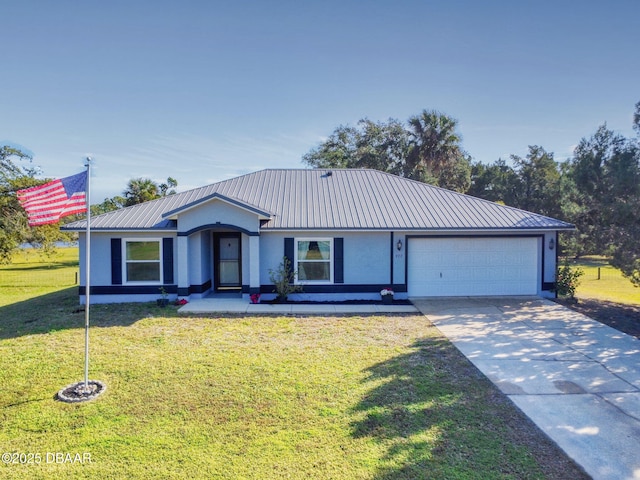 ranch-style home with a garage and a front yard