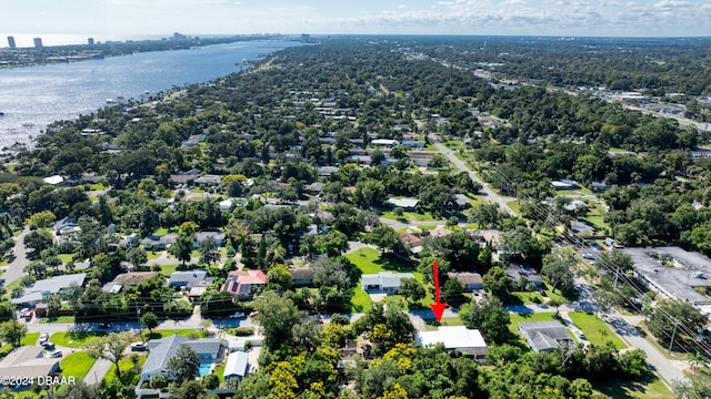 drone / aerial view featuring a water view