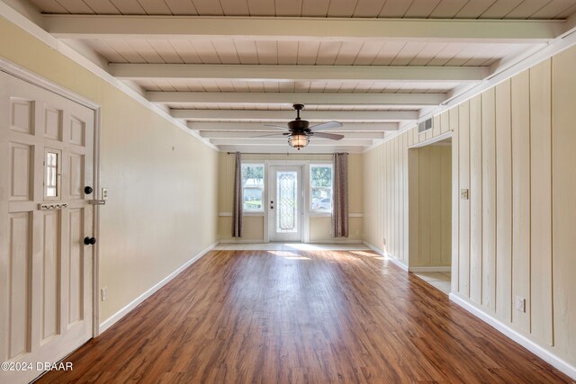 foyer featuring beamed ceiling, dark hardwood / wood-style floors, wooden ceiling, and ceiling fan