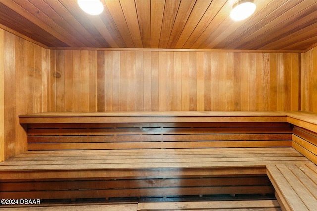 view of sauna / steam room featuring wood walls and wood ceiling