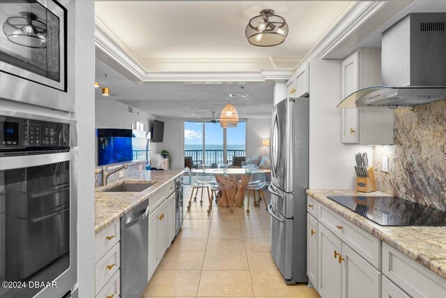 kitchen with sink, appliances with stainless steel finishes, tasteful backsplash, white cabinets, and wall chimney range hood