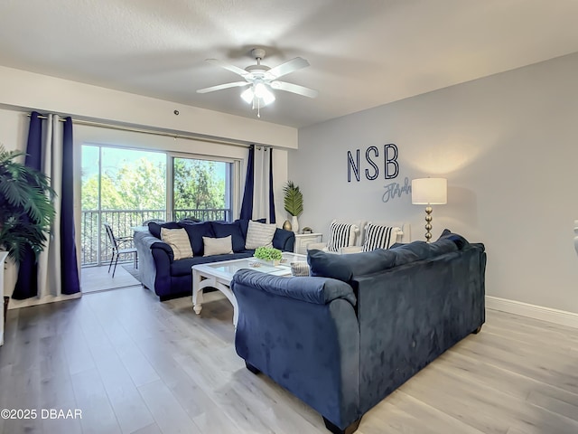 5300 S Atlantic Ave Unit 10-205, New Smyrna Beach, FL 32168 - living room with ceiling fan, baseboards, and light wood-style floors