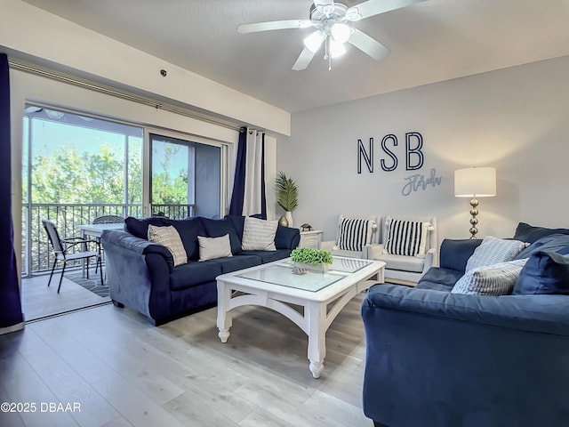 5300 S Atlantic Ave Unit 10-205, New Smyrna Beach, FL 32168 - living area featuring a ceiling fan and light wood-style flooring