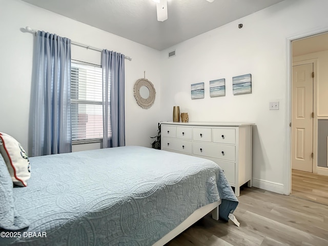 5300 S Atlantic Ave Unit 10-205, New Smyrna Beach, FL 32168 - bedroom with a ceiling fan, visible vents, baseboards, and light wood-style floors