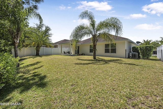 43 Pergola Pl, Ormond Beach, FL 32174 - rear view of property featuring a fenced backyard, a yard, cooling unit, and stucco siding
