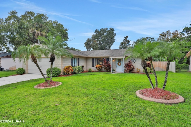 single story home with a garage and a front lawn