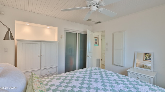 bedroom with ceiling fan and a closet