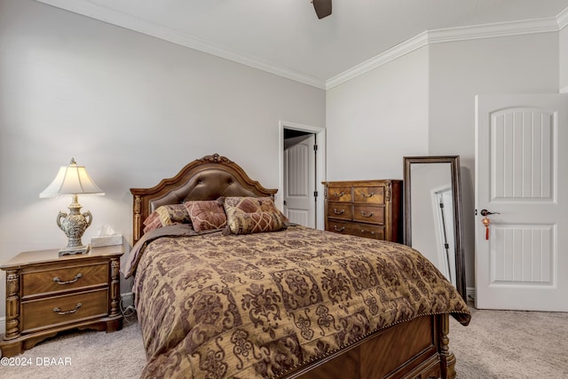 bedroom with light carpet, ceiling fan, and crown molding