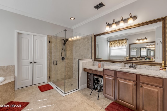 bathroom featuring independent shower and bath, vanity, tile patterned flooring, and crown molding