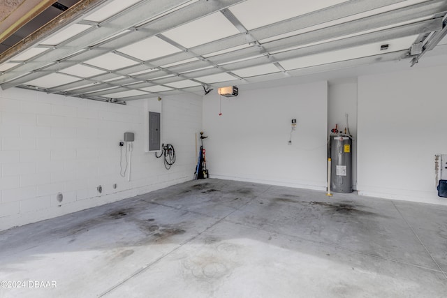 garage with water heater, a garage door opener, and electric panel