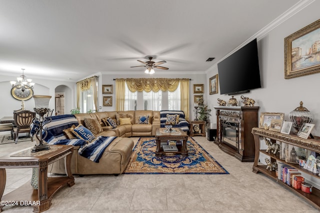 tiled living room featuring ceiling fan with notable chandelier and crown molding