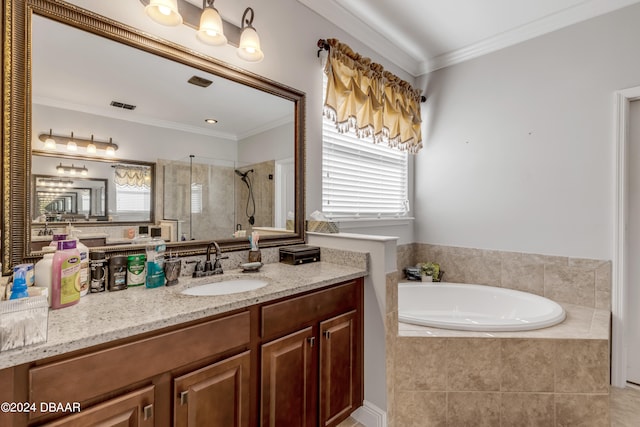 bathroom featuring vanity, plus walk in shower, and crown molding