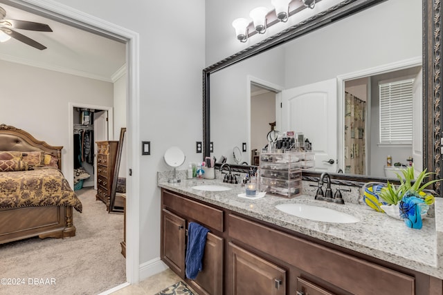 bathroom featuring vanity, ceiling fan, and crown molding