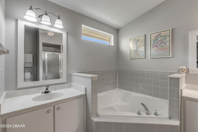 2853 Turnbull Estates Dr, New Smyrna Beach, FL 32168 - full bathroom featuring plus walk in shower, vanity, vaulted ceiling, and toilet