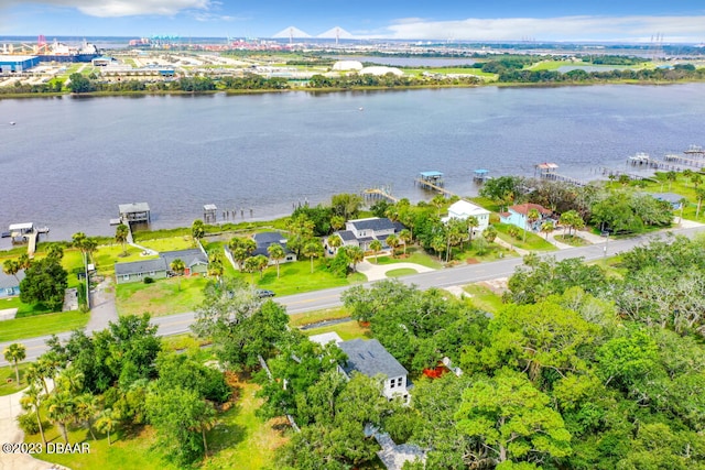 birds eye view of property featuring a water view