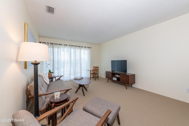 living area featuring a textured ceiling and carpet floors