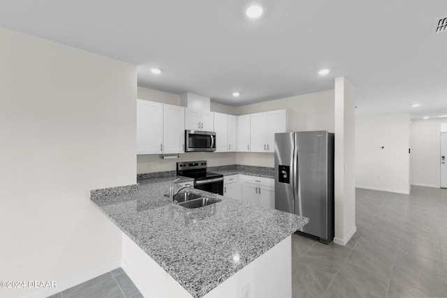 kitchen featuring sink, stainless steel appliances, light tile patterned floors, kitchen peninsula, and white cabinets