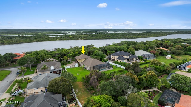 drone / aerial view featuring a water view