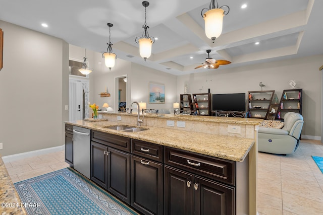 kitchen with dishwasher, coffered ceiling, sink, hanging light fixtures, and ceiling fan