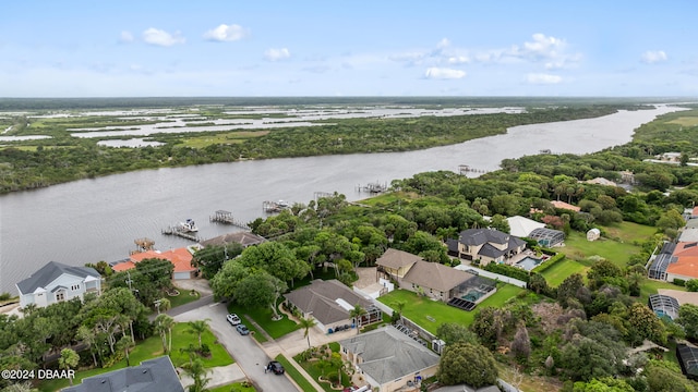 bird's eye view with a water view