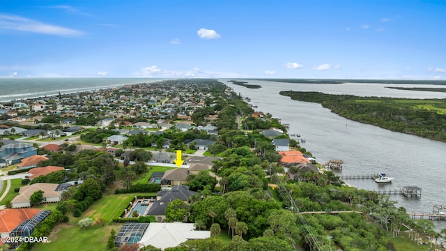 drone / aerial view featuring a water view