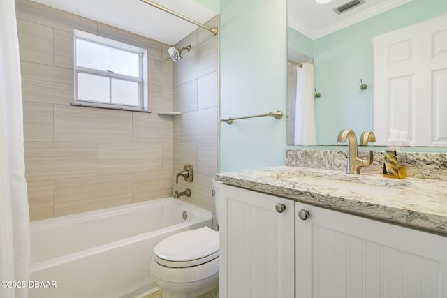 full bathroom with ornamental molding, toilet, vanity, and shower / bath combo