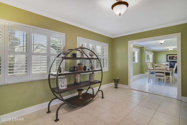 misc room featuring crown molding, a wealth of natural light, and light tile patterned flooring