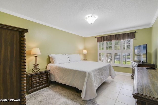 tiled bedroom featuring crown molding and a textured ceiling