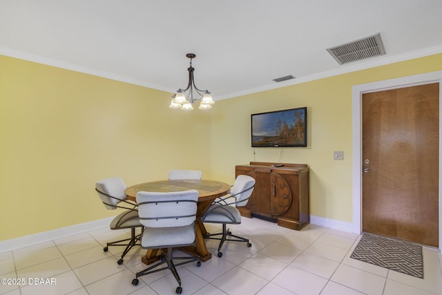 tiled dining room featuring ornamental molding and a notable chandelier