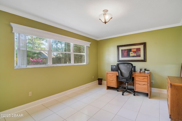 tiled office featuring ornamental molding