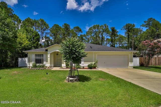 single story home featuring a garage and a front yard