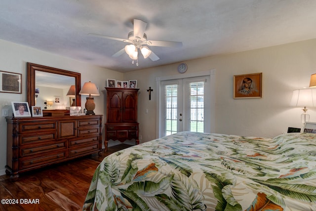 bedroom featuring dark wood-type flooring, ceiling fan, french doors, and access to outside