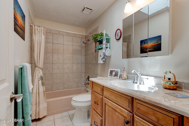 full bathroom featuring shower / tub combo with curtain, vanity, toilet, and tile patterned floors