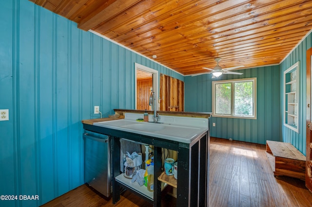 interior space featuring wood walls, wood-type flooring, wood ceiling, and blue cabinets