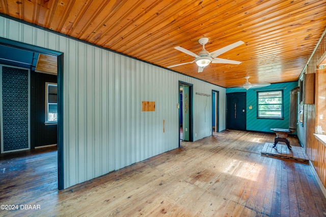 interior space featuring hardwood / wood-style floors, wooden ceiling, ceiling fan, and wooden walls