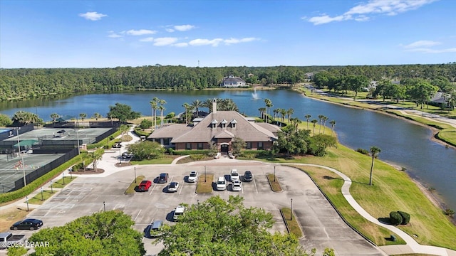 aerial view with a water view and a view of trees