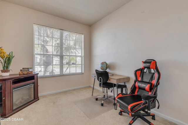 home office featuring light colored carpet