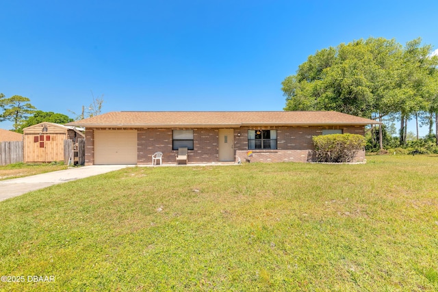 ranch-style home with brick siding, an attached garage, driveway, and a front yard